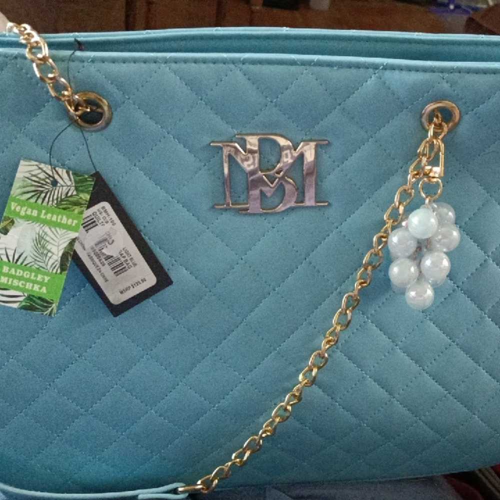 Badgley Mischka Blue and Gold Quilted Shoulder Bag